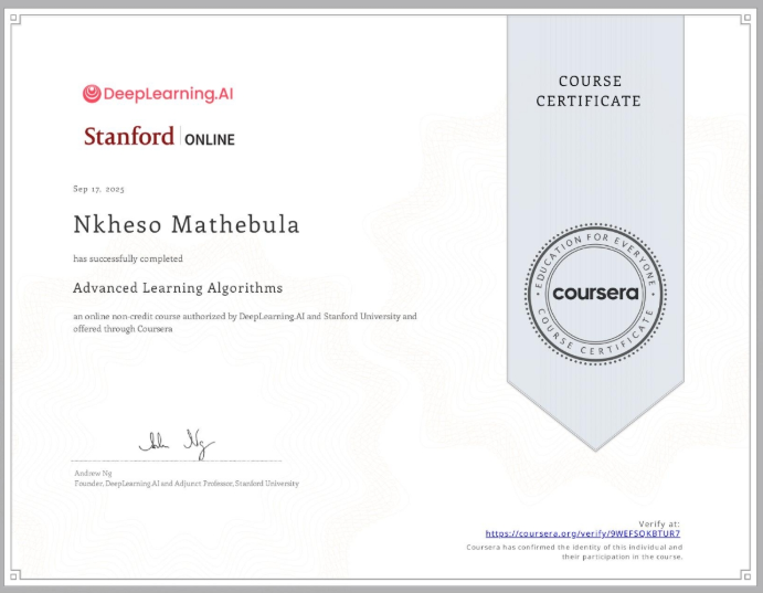 Advanced Learning Algorithms Certificate Preview